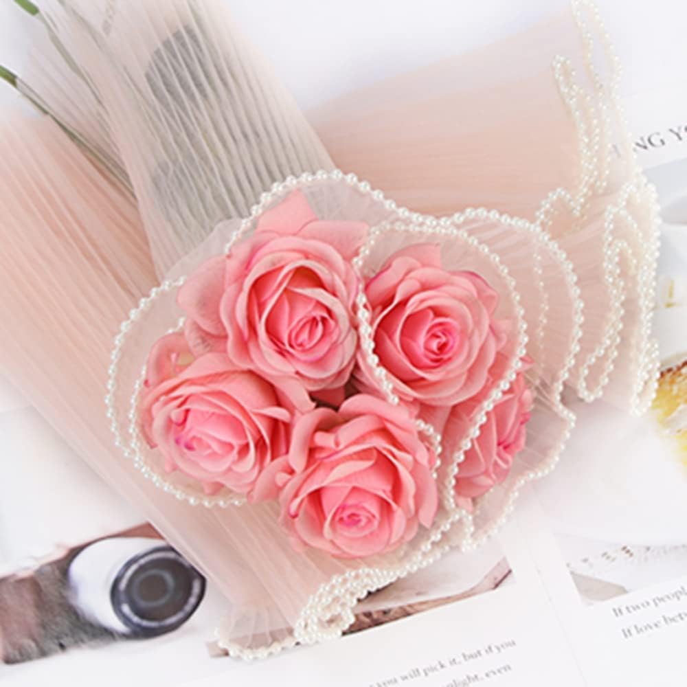 BBJ WRAPS Malla de envoltura de ramo de flores de gasa con perlas, hilo ondulado arrugado, floristería, embalaje floral para el día de San Valentín,