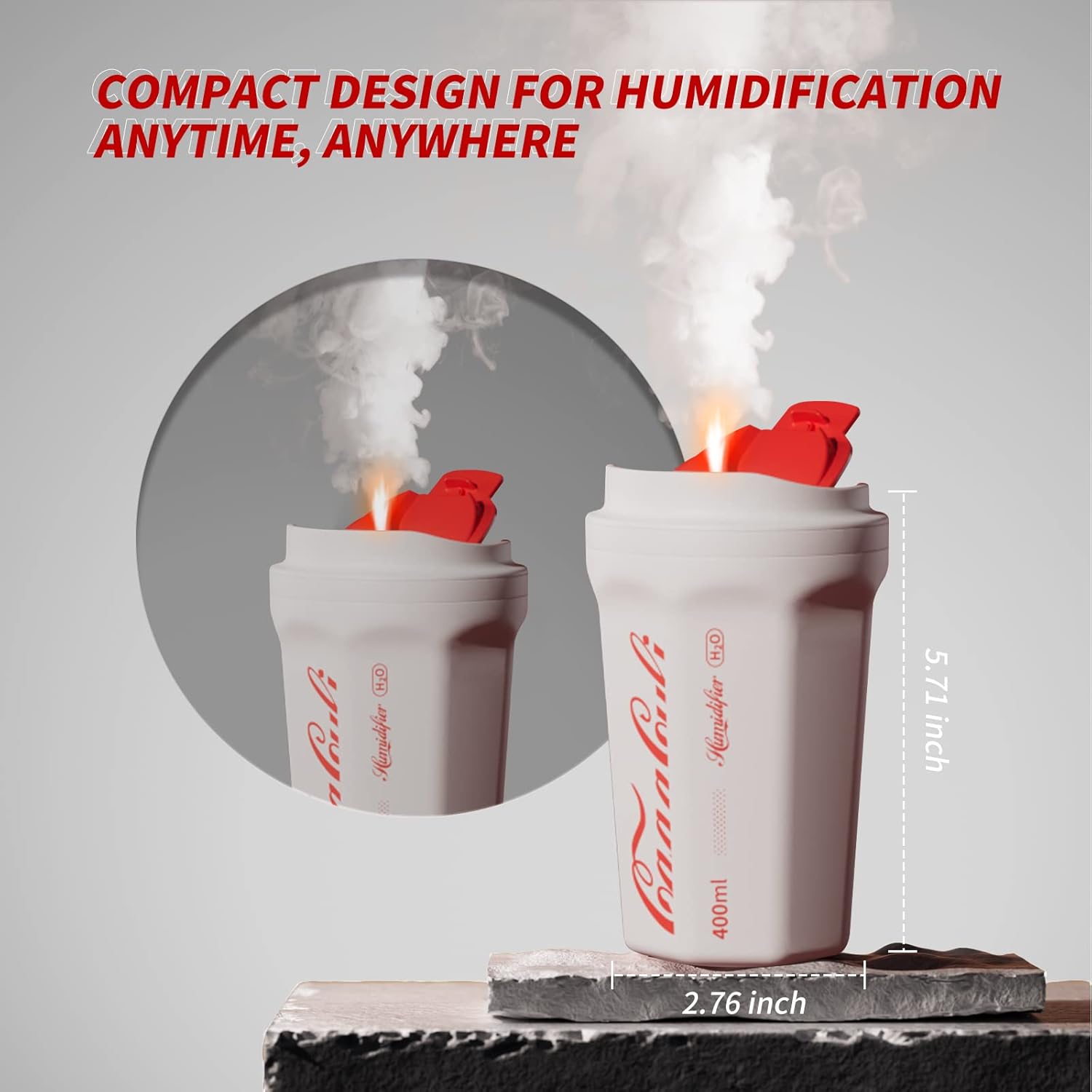 FanmmyAid Mini humidificador para dormitorio, humidificadores de niebla fría con taza de coque inalámbrico con luz LED, humidificador de aire