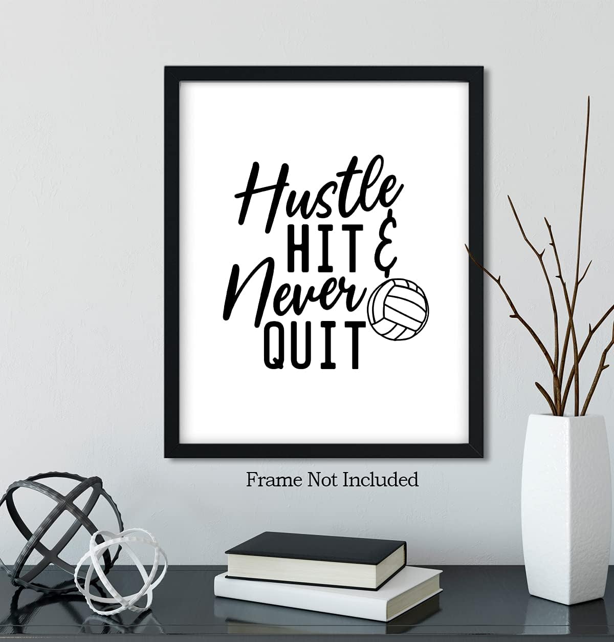 Hustle Hit & Never Quit – Arte de pared con cita motivacional de voleibol con un fondo blanco, obra de arte sin marco impresa en papel fotográfico