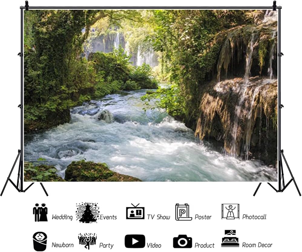 Baocicco Fondos de vinilo de 15 x 10 pies para fotografía de fondo de montaña y paisaje acuático, hermosa cascada y río, árbol antiguo al aire