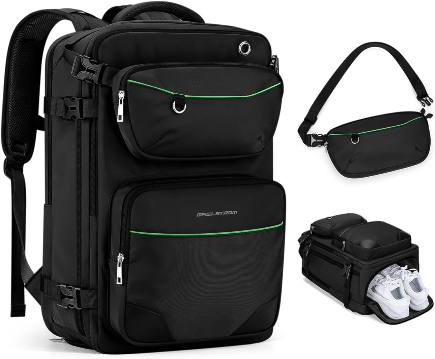 Maelstrom Mochila de viaje para hombres y mujeres, mochila de mano de 35 litros para viajar en avión, con bolsa de cinturón de moda, mochila casual