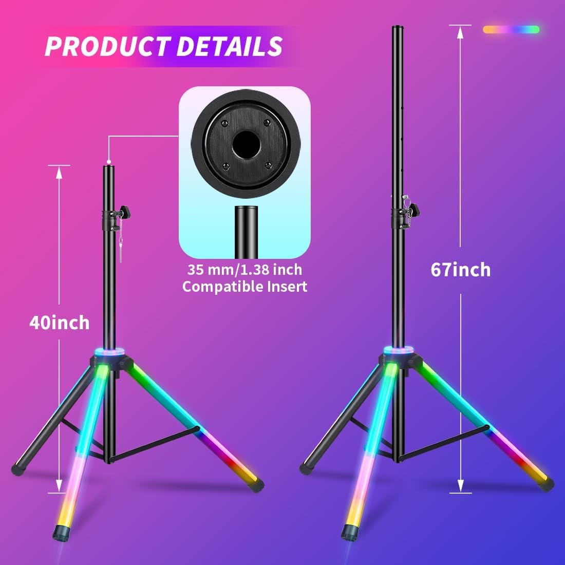 Soportes para altavoces resistentes, par de LED multicolores, soportes de trípode para altavoces de DJ, altura ajustable de 40 a 67 pulgadas,