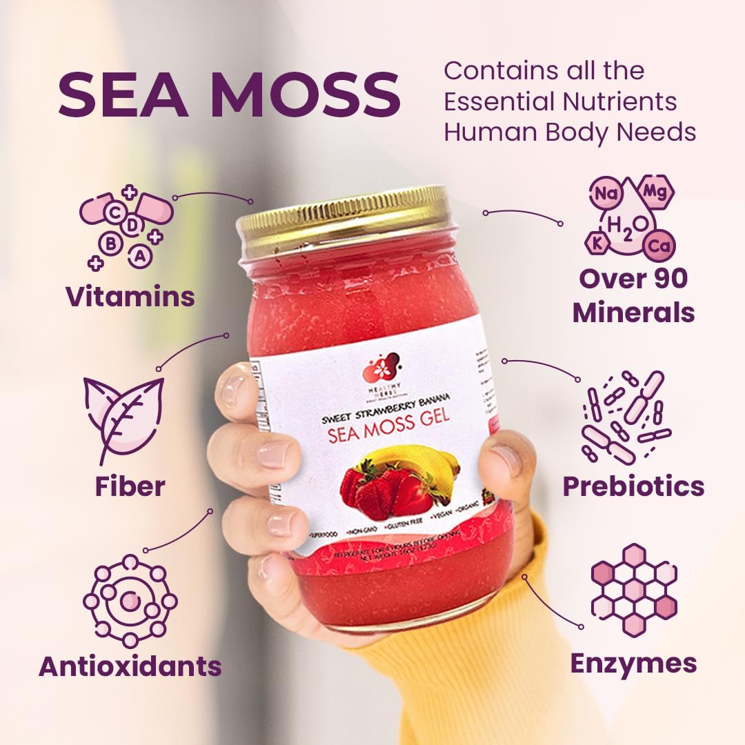 Healthy Herbs – Gel de musgo marino (plátano y fresa dulce) elaborado en forma silvestre a partir de jamaicana Santa Lucía Gold Seamoss
