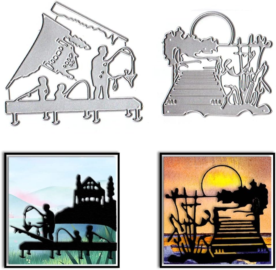 2 PCS Fishing Man Die Cuts for Card Making, Lake Bridge House Cutting Dies Sets Fishing Fish Dies Stencils Embossing Template for Scrapbooking DIY