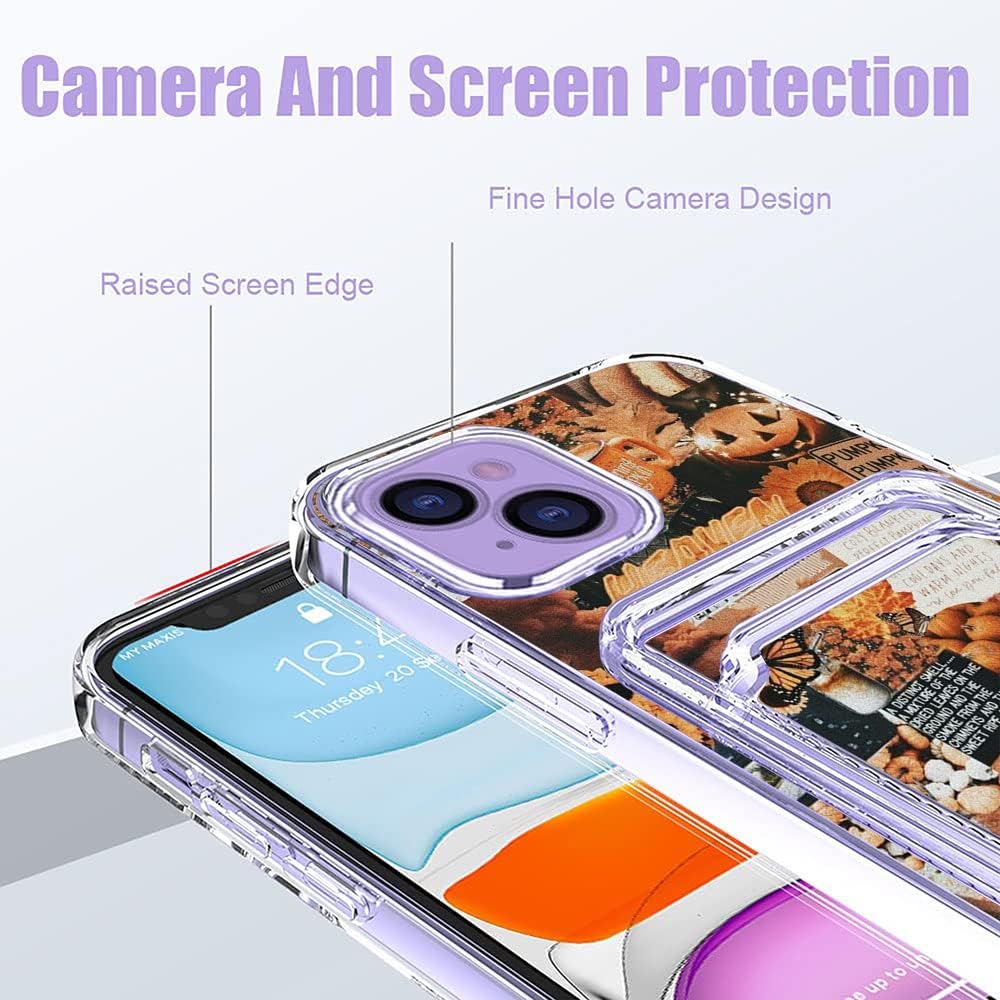 Funda estética para teléfono con tarjetero para iPhone 14, diseño retro estético de calabaza de otoño para niñas y mujeres, diseño de cartera que