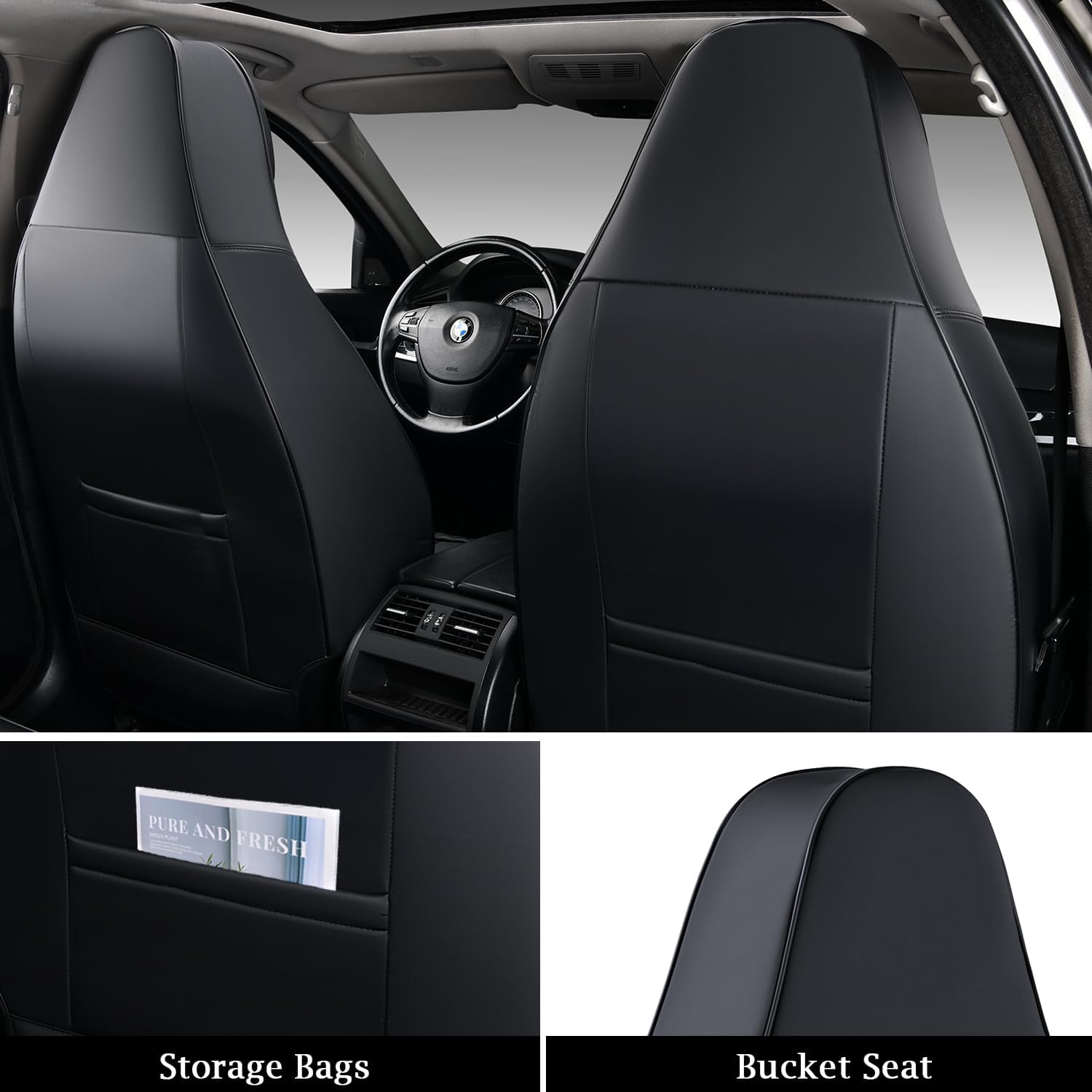 Coverado Juego completo de fundas de asiento de automóvil, fundas de asiento de cubo para 5 asientos, fundas de asiento de cuero de napa para