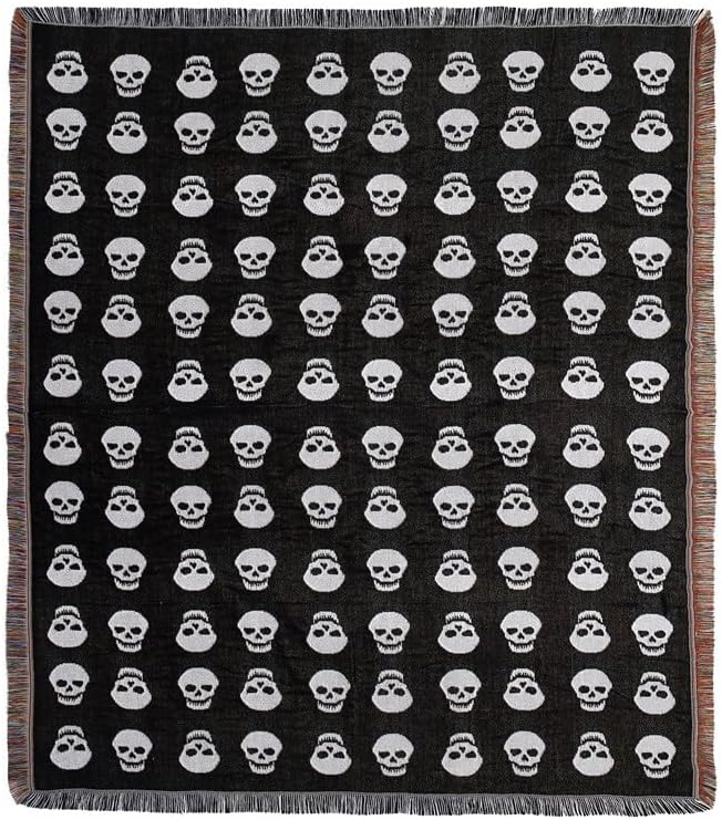 Manta bohemia reversible de algodón, tapiz bohemio hippie para decoración de habitación de doble cara (estampado de calavera bohemio, negro, 50 x 60