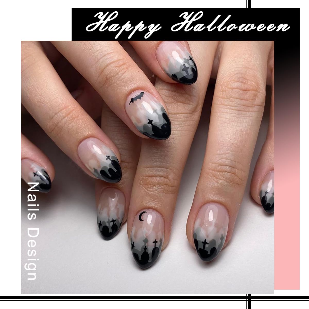 Uñas postizas a presión para Halloween, color negro, uñas postizas a presión, color negro, almendra, cobertura completa, pegamento de uñas postizas