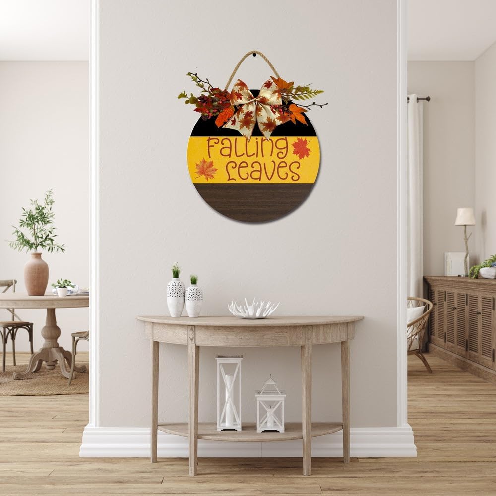 Letrero de hojas de otoño para puerta delantera, coronas divertidas, decoración de placa de madera rústica, redonda, decoración de porche de madera