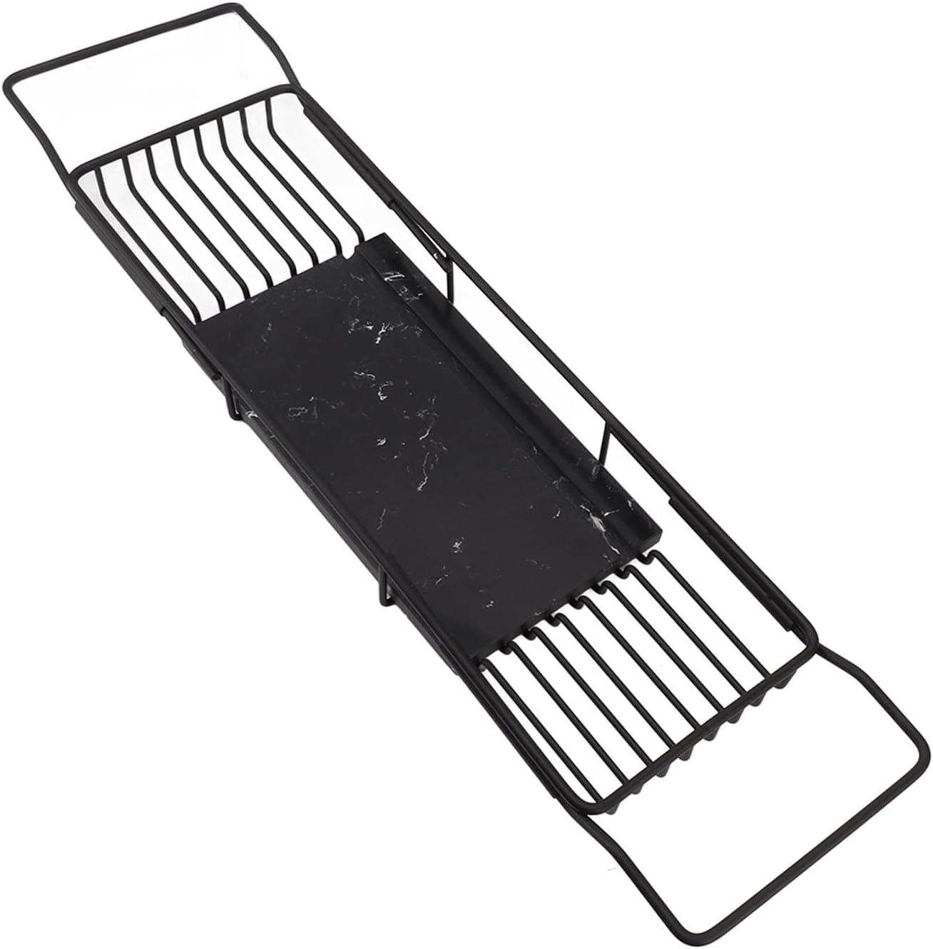 Estante de bañera de mármol con bandeja de bañera expandible antideslizante, ahorradora, multifuncional para regalo de calentamiento (negro)