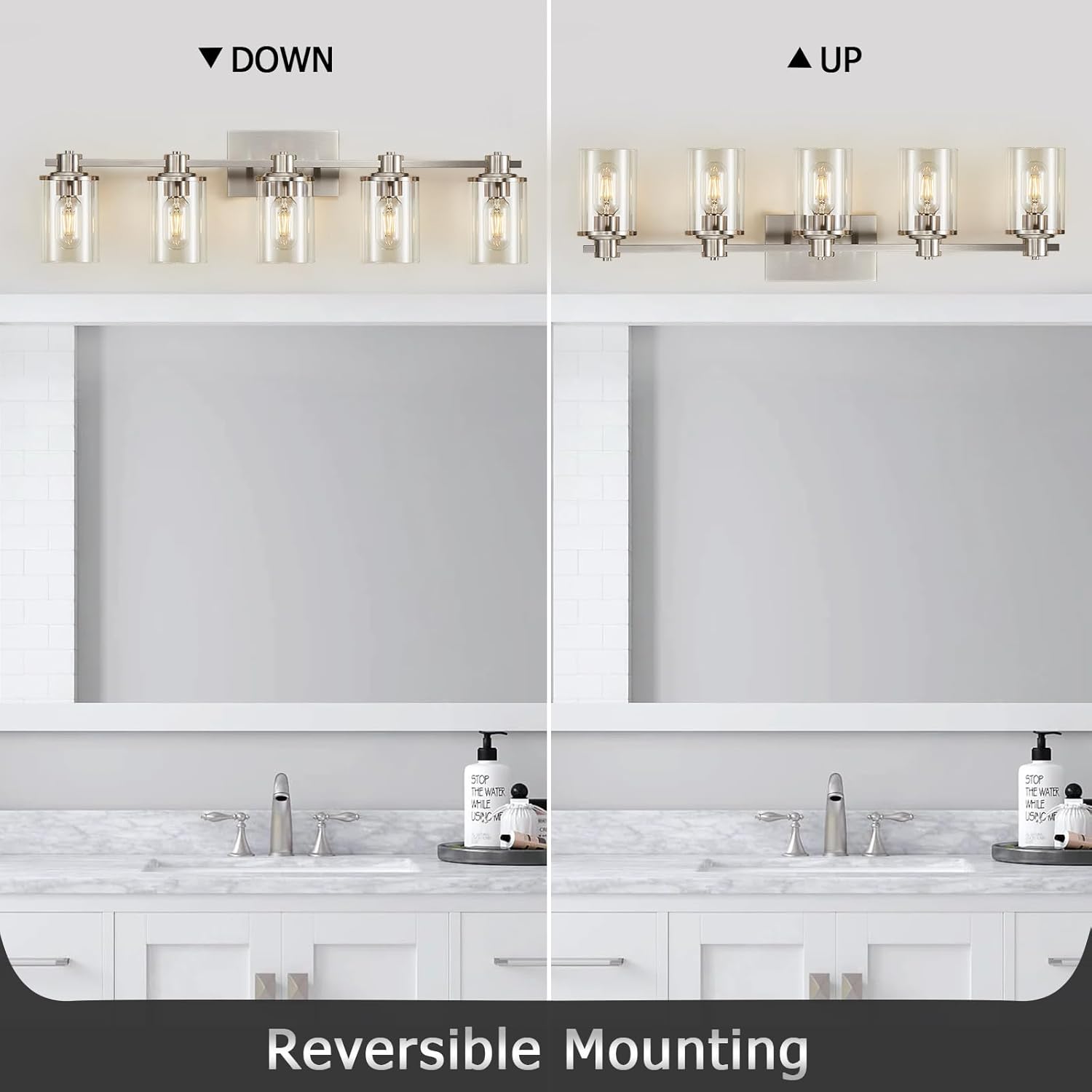 DUJAHMLAND Lámpara de baño, 5 luces de níquel cepillado sobre espejo, luz de tocador con pantalla de vidrio transparente, iluminación de tocador de