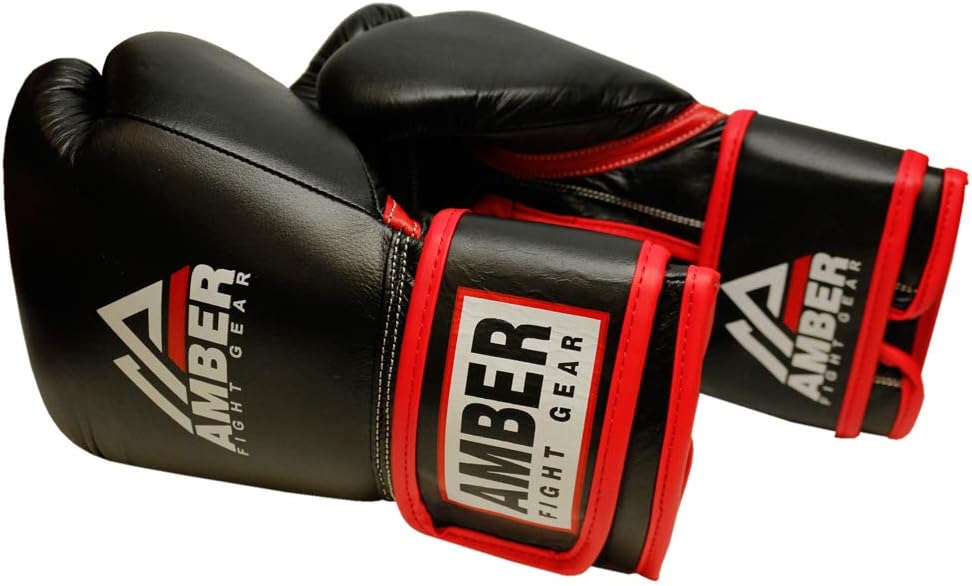 Amber Fight Gear Guantes de boxeo profesionales de cuero con gancho y bucle, guantes de boxeo para entrenamiento de kickboxing, guantes negros de 16