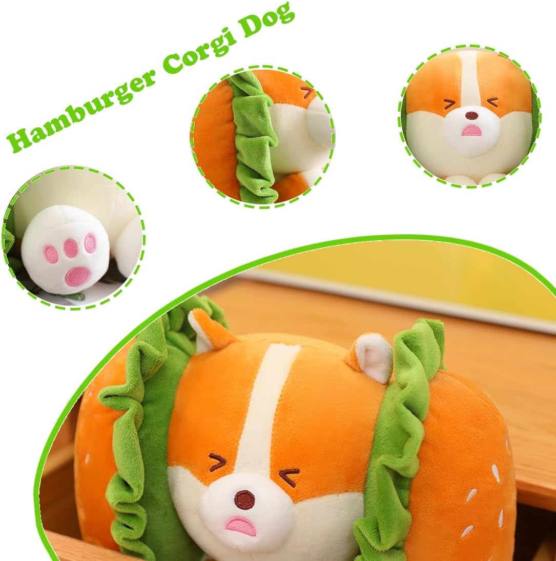 ELAINREN Hamburger Corgi – Peluche de perro de peluche de Shiba Inu, linda almohada de felpa suave con hamburguesa con queso, muñeca de peluche para