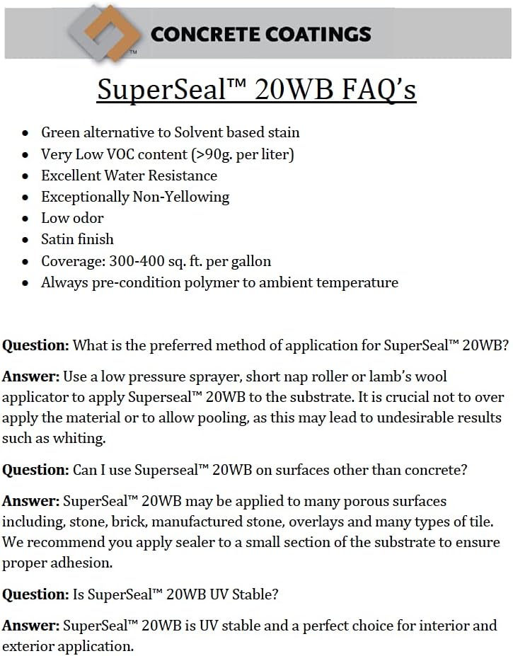 CC Concrete Coatings SuperSeal 20WB – Sellador acrílico a base de agua, secado rápido, seguro y fácil de usar, acabado satinado (1 galón)