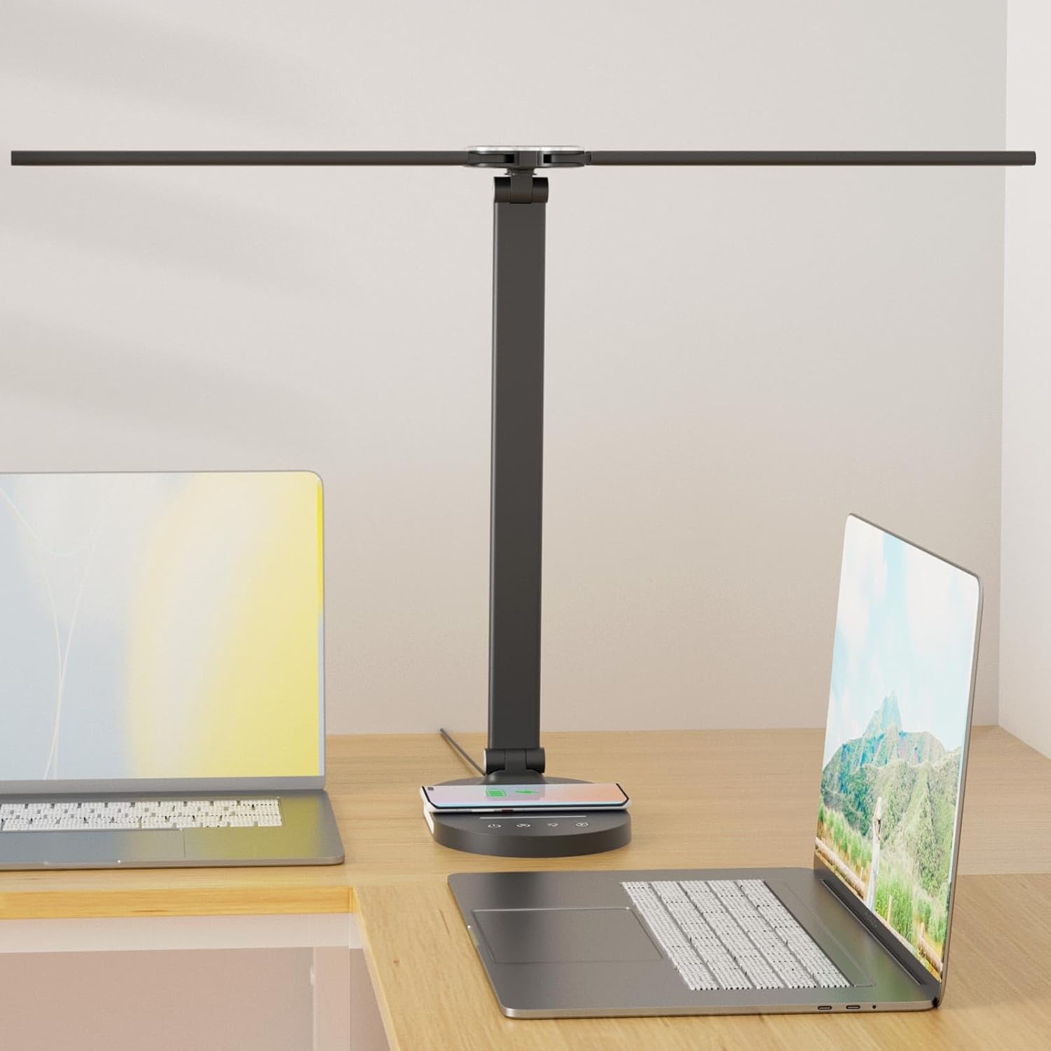 Lámparas de escritorio de doble cabezal 4.0 Pro, 80 LED para oficina en casa con cargador inalámbrico y puerto de carga USB, 5 modos, luz nocturna,