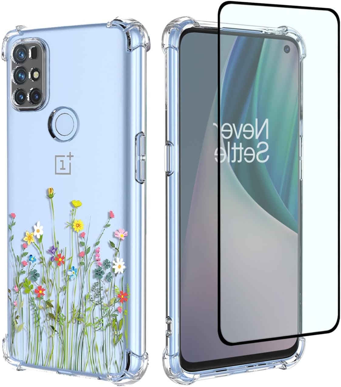 Funda para OnePlus Nord N100, OnePlus N100 BE2013 con protector de pantalla, funda transparente con patrones de jardín de flores, funda protectora