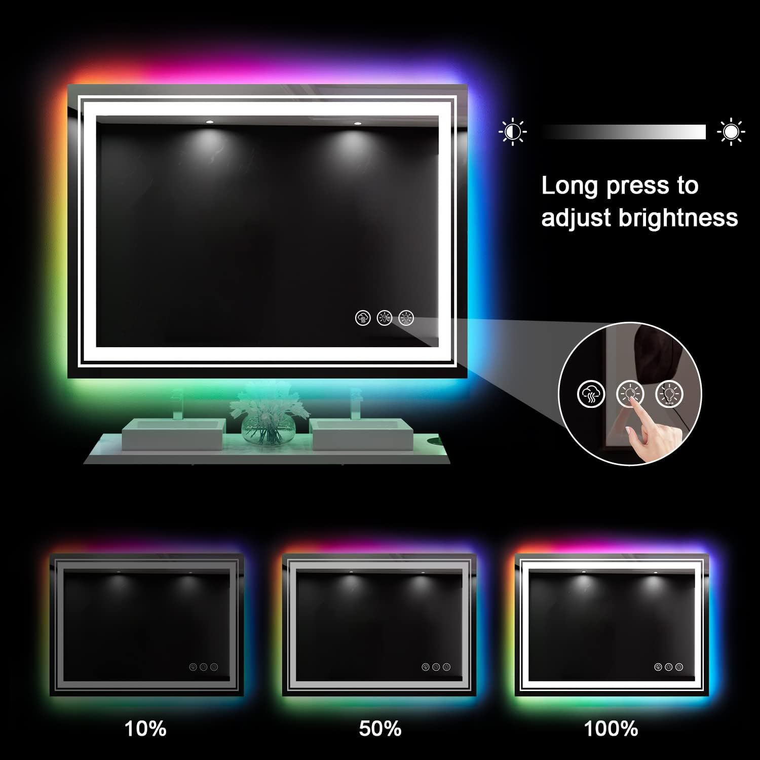 Snowdool Espejo de baño LED de 48 x 32 pulgadas con luces, espejo antivaho con retroiluminación RGB, espejo de tocador de baño con luz inteligente