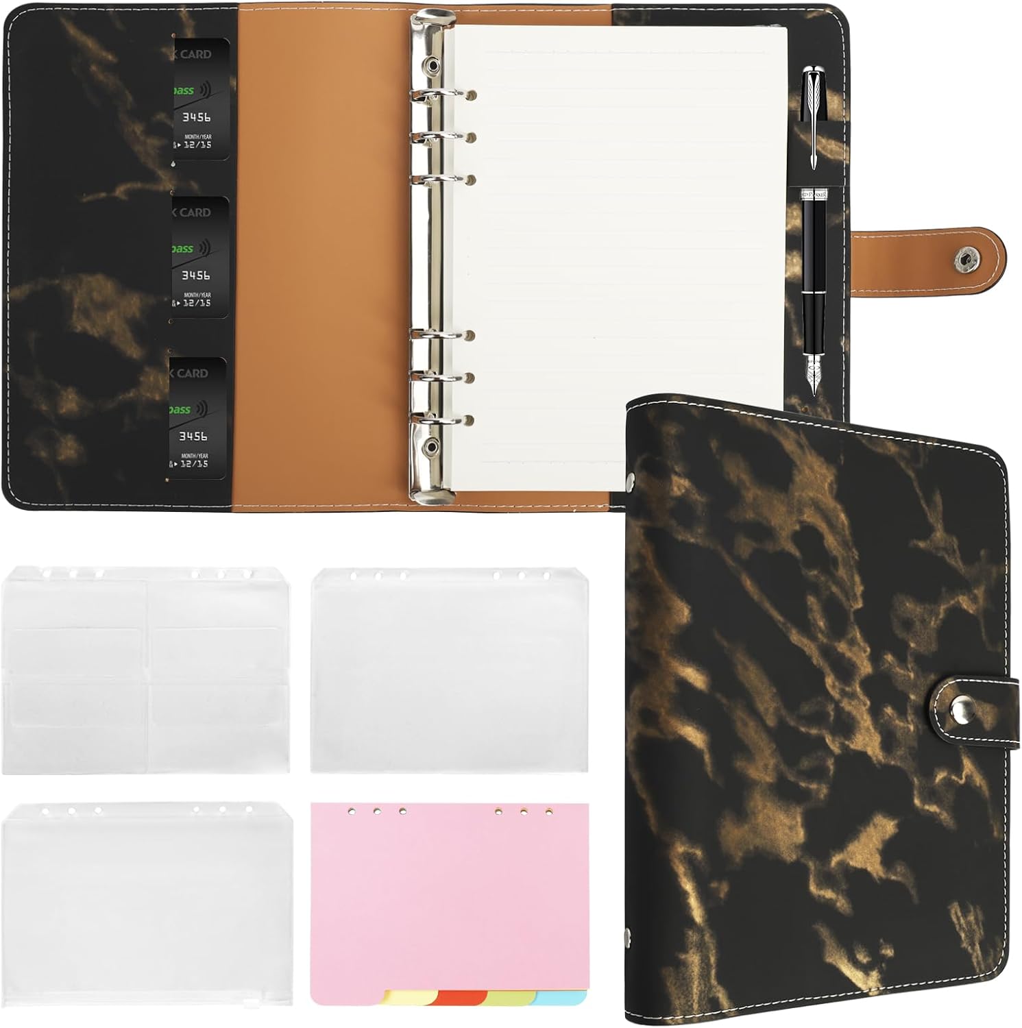 FYY Carpeta de cuero A5 con 6 anillas, cuaderno recargable A5 con bolsillos para carpeta, divisores A5, papel de repuesto A5, carpeta de viaje de