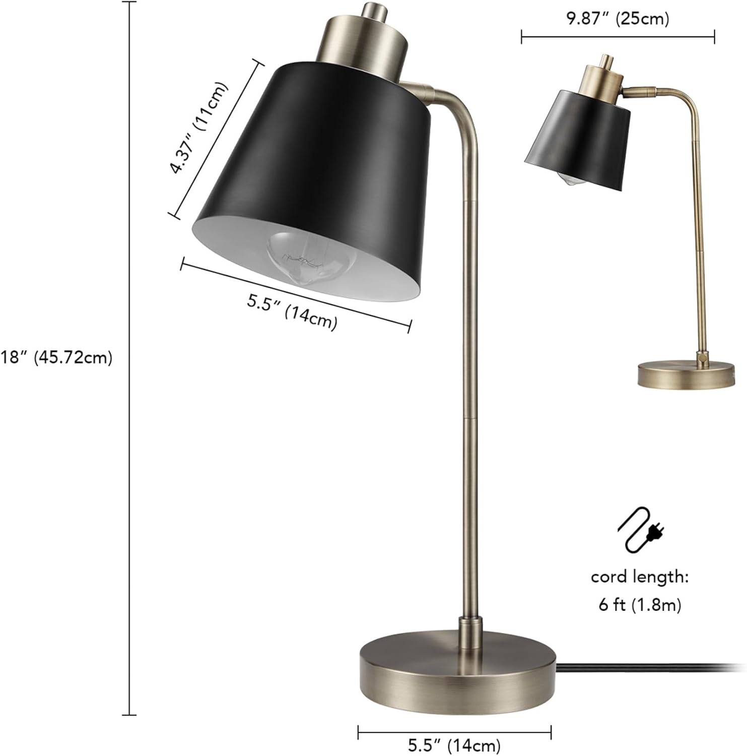 Globe Electric 61000055 Lámpara de escritorio de 18 pulgadas, acabado de latón mate, pantalla de metal negro mate, junta de pivote, interruptor