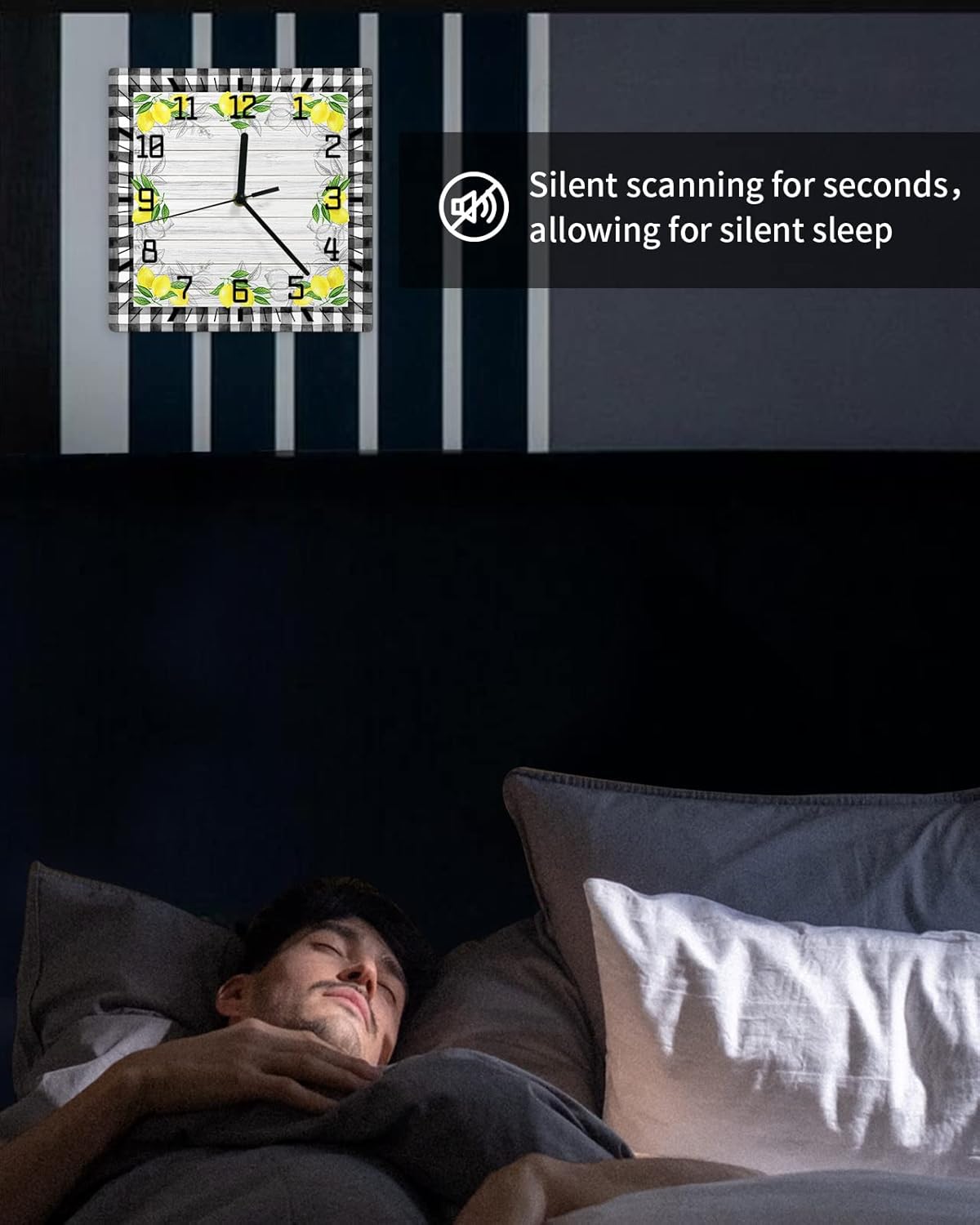 Wall Clock Yellow Lemon Battery Operated Clocks Wooden Silent Non-Ticking Wallclock 12 Inch Summer Fruit Lemon Farmhouse Plaid Square Wall Clock for