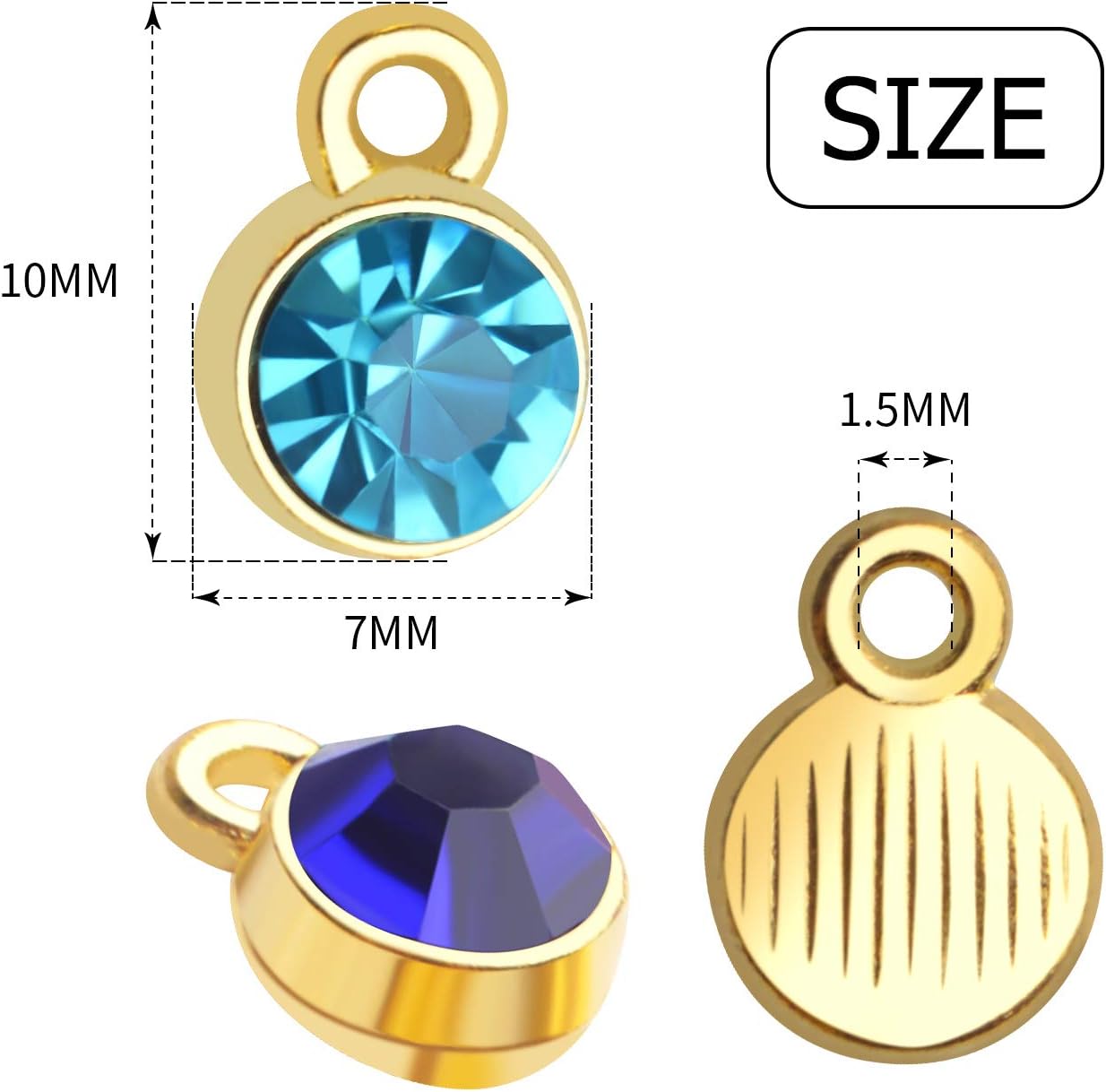 Aylifu Dijes de piedra natal de cristal, 48 piezas de dijes de piedra natal de cristal, cuentas redondas con anillos, dije de cristal hecho a mano