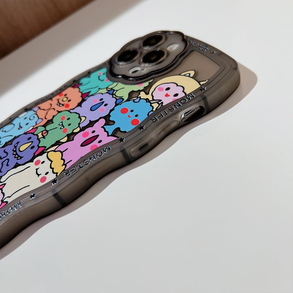LOLAGIGI Funda negra para iPhone 13 Pro Max con forma de marco de onda rizada de monstruos de dibujos animados Kawaii, diseño femenino de dibujos