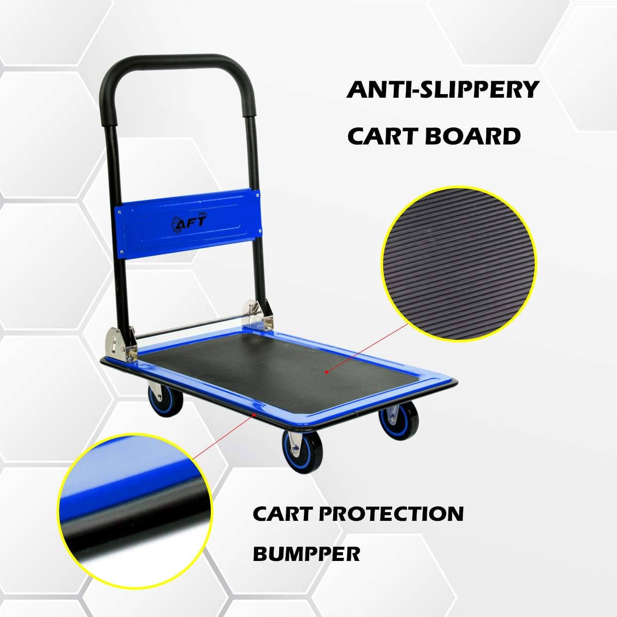 Carrito de empuje Dolly AFT PRO USA – Carrito plegable con plataforma de empuje, ruedas giratorias de 360 grados, mango plegable (azul, 330 libras)