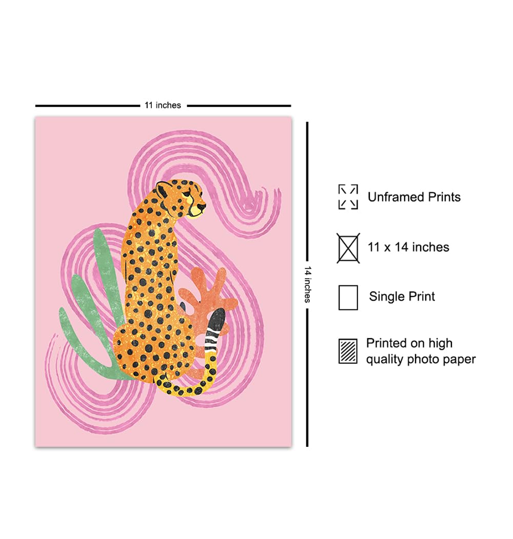 Mid Century Modern Abstract Cheetah LARGE 11×14 – Pink Boho Wall Art – Minimalist Gallery Wall Decor – Aesthetic Room Decor – Bohemian Bedroom Decor