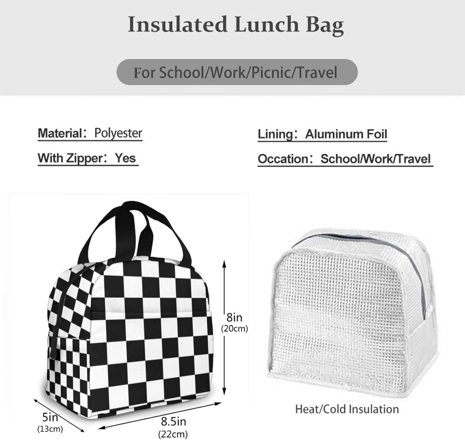 Bolsa de almuerzo aislada portátil con bandera a cuadros de raza blanca y negra, caja de almuerzo reutilizable para hombres, mujeres y niños
