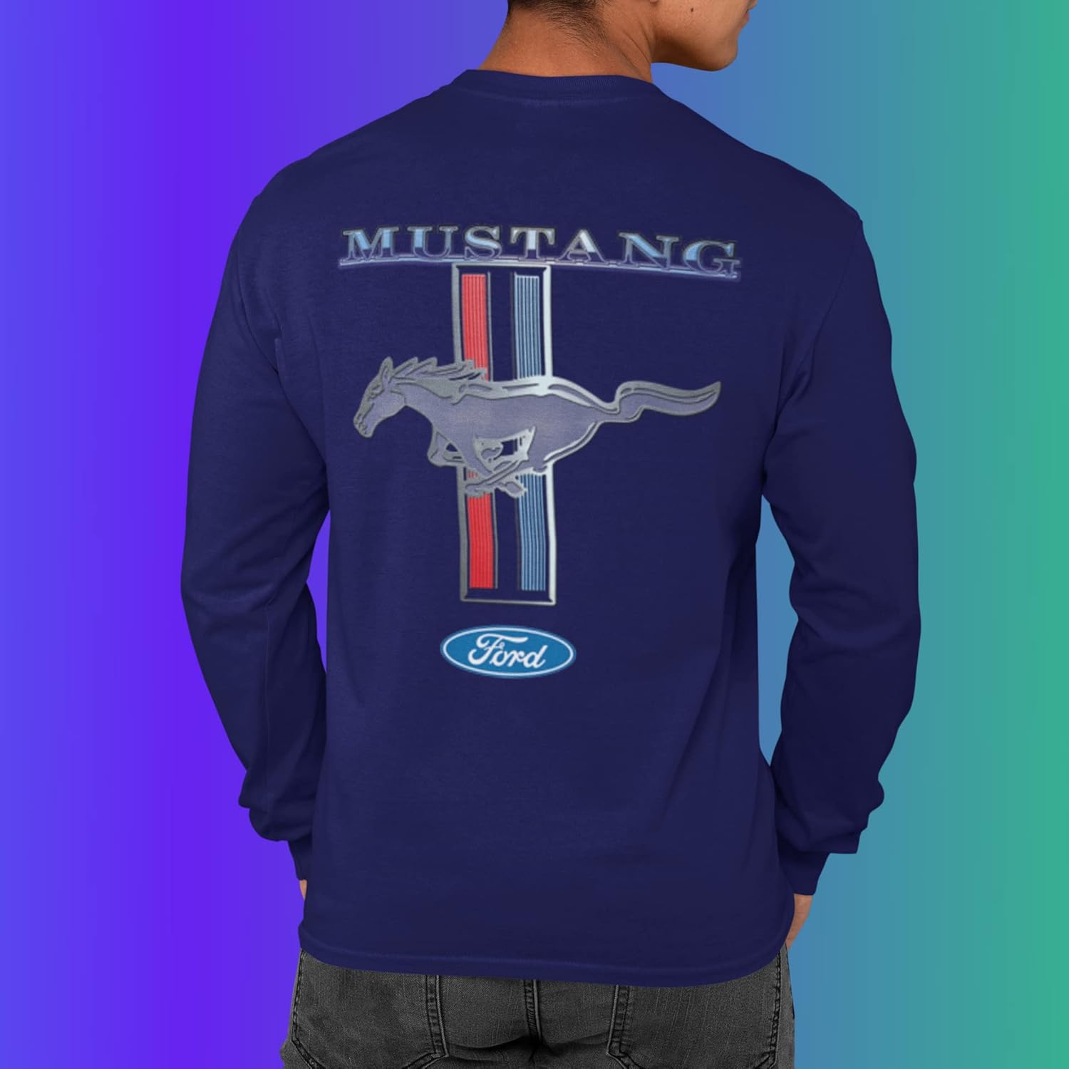 Ford Mustang Pony Racing Stripe 5.0 Muscle Shelby Camiseta de manga larga con estampado delantero y trasero