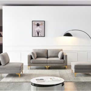 Sofá modular de 3 piezas con reposapiés otomano, sofá modular convertible a 3 plazas o sofá biplaza y sillón, patas doradas y 2 almohadas, gris claro Sofá modular de 3 piezas con reposapiés otomano, sofá modular convertible a 3 plazas o sofá biplaza y sillón, patas doradas y 2 almohadas, gris claro