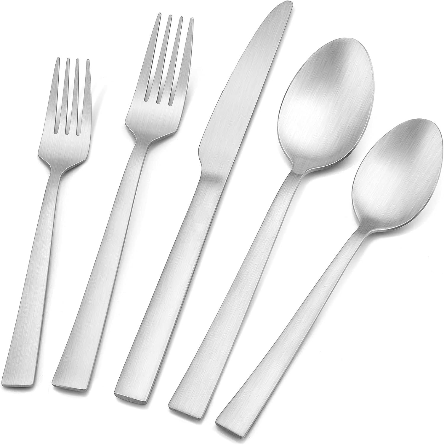 E-far – Juego de cubiertos mate de 60 piezas, de acero inoxidable, para 12, cubiertos de metal, incluye tenedores, cucharas, cuchillos, borde