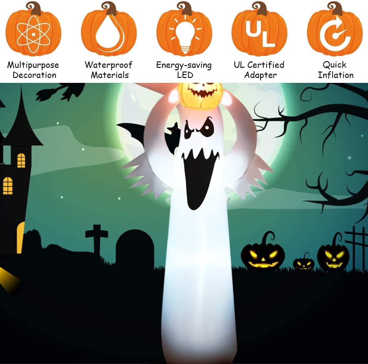 Tangkula Fantasma inflable de Halloween de 6 pies con calabaza, fantasma inflable con soplador y luces LED, decoraciones de Halloween fantasma