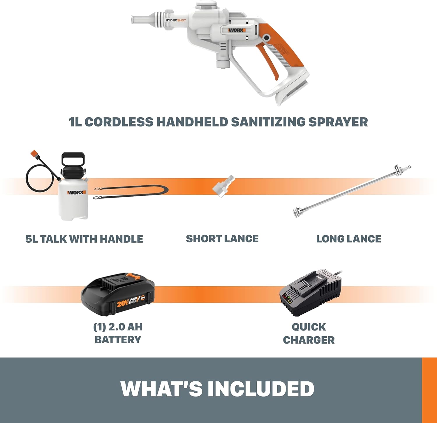 Worx WP651 20V Power Share – Pulverizador desinfectante de mano inalámbrico de 5 litros