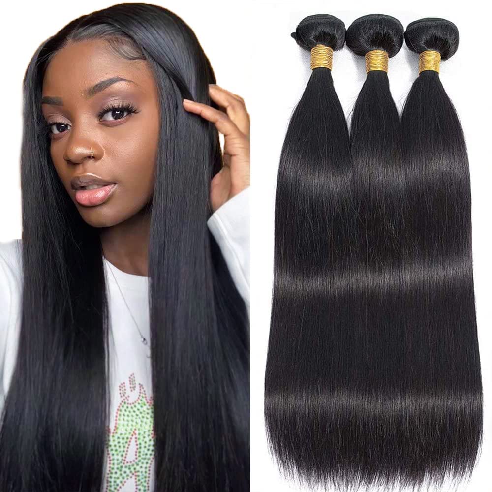 Manojos de cabello humano lacio, brasileño, lacio, 3 paquetes de 24, 26, 28 pulgadas, cabello virgen real sin procesar, color natural, paquetes de