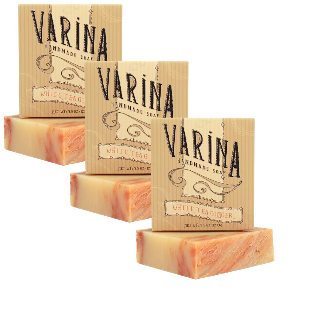 Varina Jabón en barra de jengibre de té blanco natural, limpieza suave para pieles sensibles, floral, paquete de 3, experimenta una piel sana y