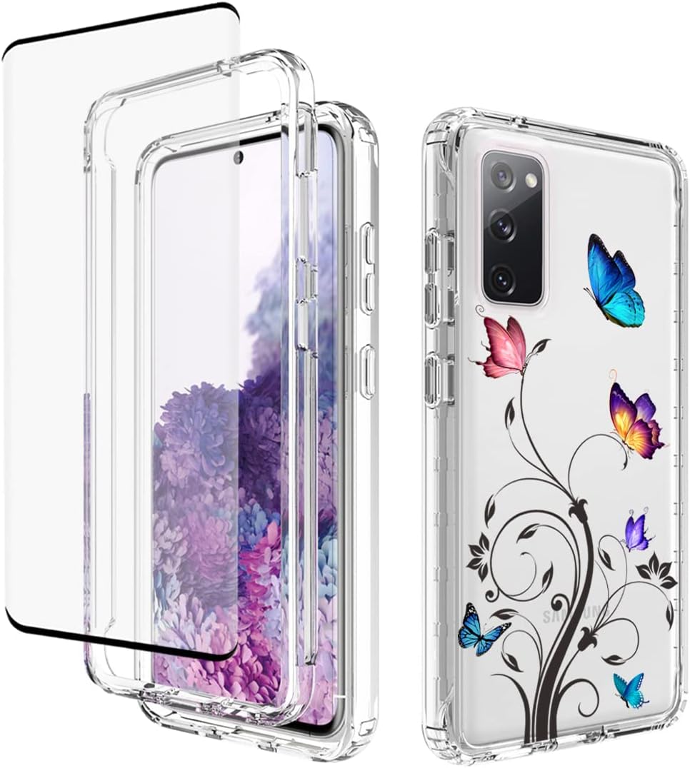 Vavies Funda para Galaxy S20 5G, SM-G981U con protector de pantalla de vidrio templado, cuerpo completo transparente con protección de diseño floral