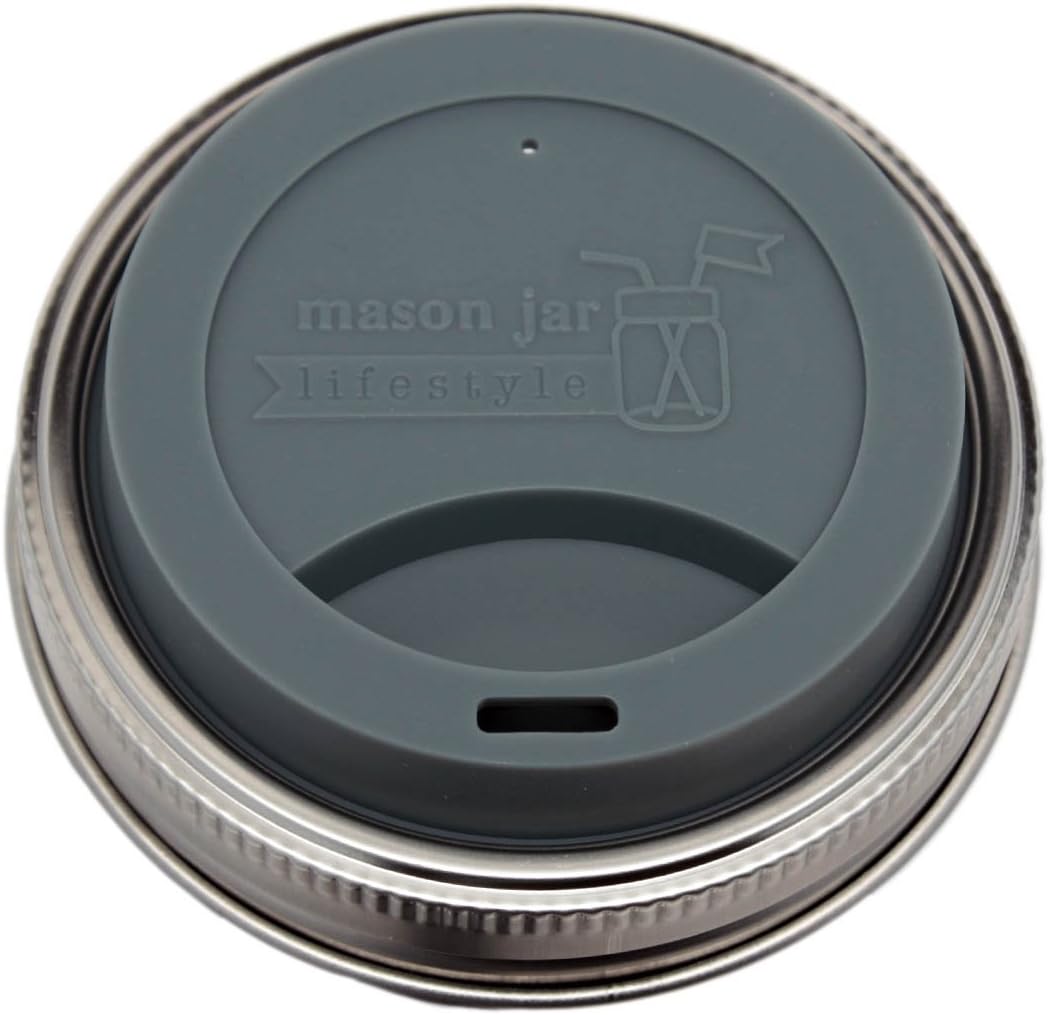 Mason Jar Lifestyle – Tapas de silicona para beber con bandas de acero inoxidable a prueba de óxido (paquete de 2, gris carbón, boca ancha)