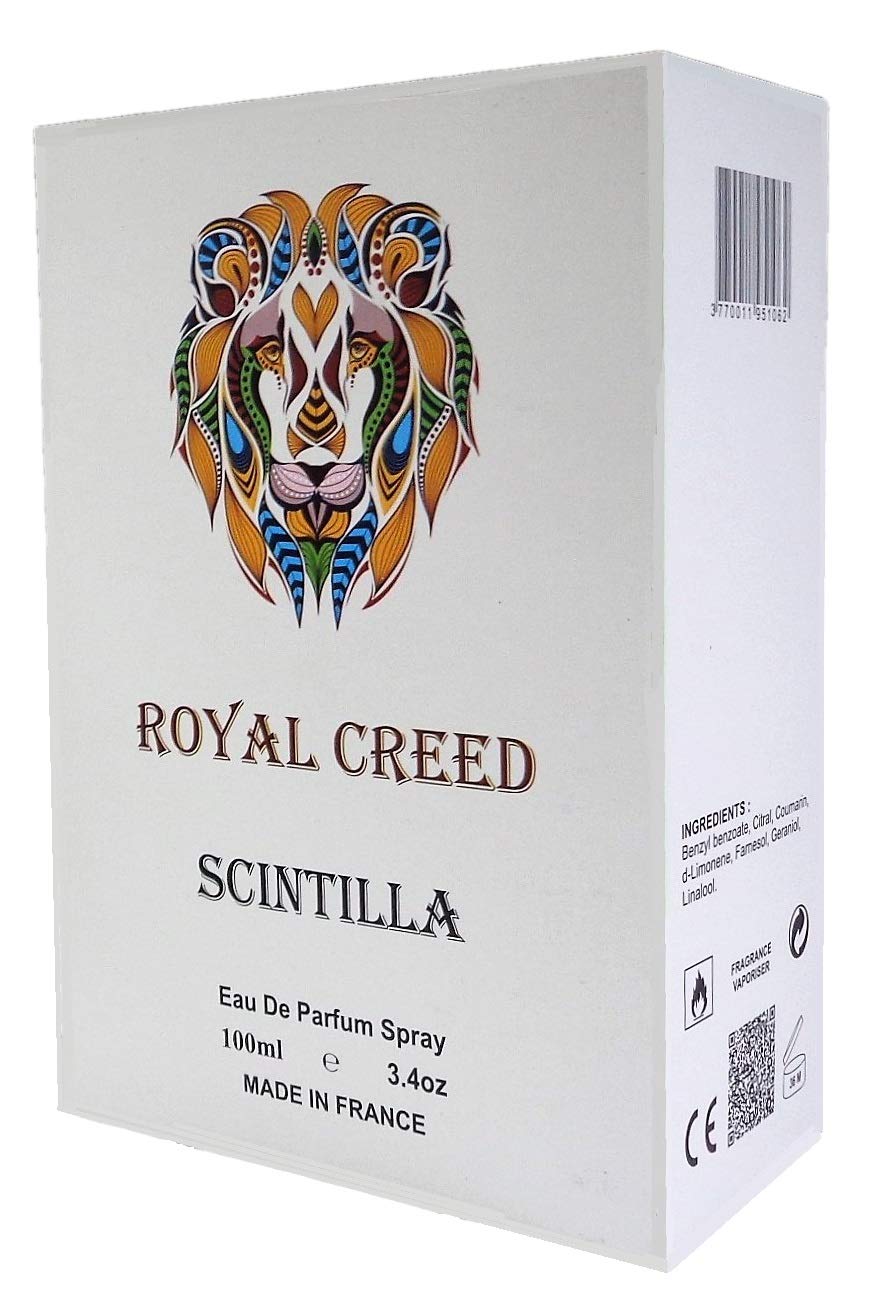 SINTILLA. Por Royal Creed. Francia. Eau De Parfum Spay para mujer. 3.4 fl oz (3,4 oz). Peso 680 gm. Tamaño de la caja 6.7 x 4.5 x 2.4 in