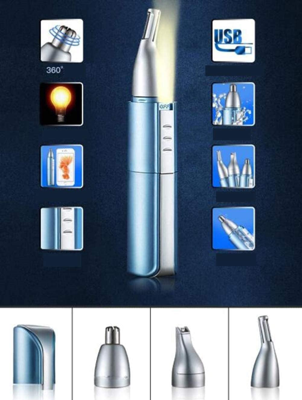 Cortadora de oídos, nariz y cejas, recortadora de detalles de cejas y vello facial para hombres y mujeres, recargable por USB y fácil de limpiar