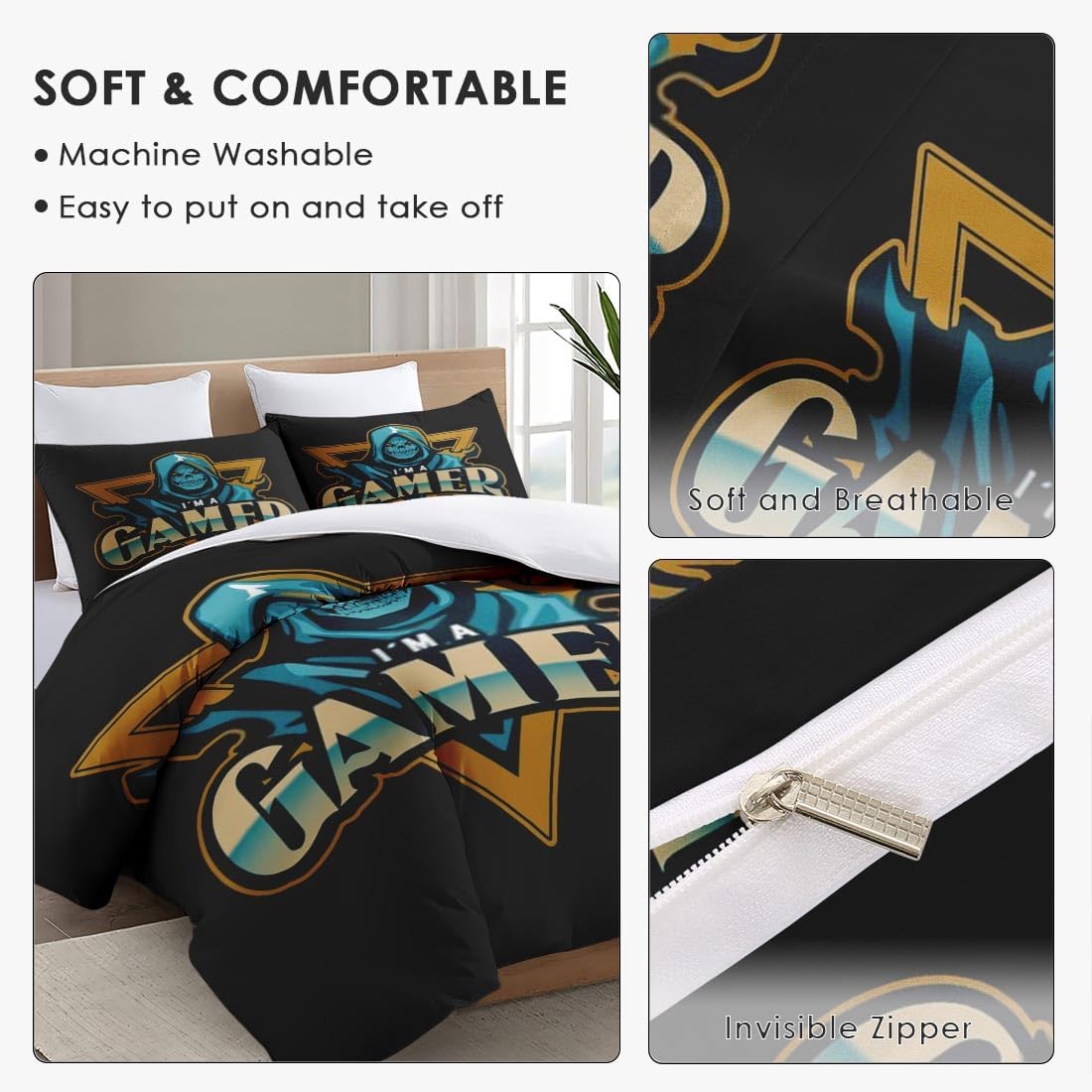 Funda de edredón tamaño Queen, juego de ropa de cama vintage con cierre de cremallera para niños y adultos, funda de edredón de juegos de calavera