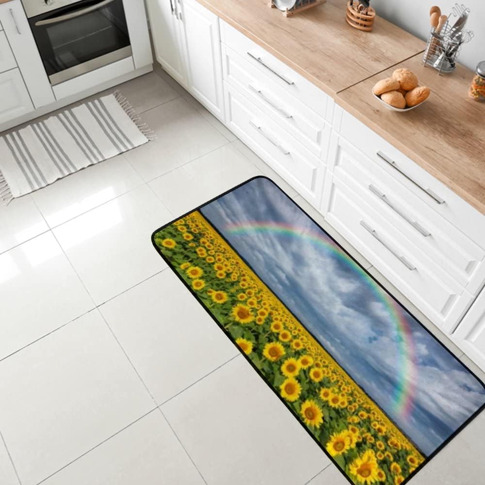Alfombras de cocina para el suelo, antideslizantes, antideslizantes, acolchadas, para fregadero, hermoso arco iris con girasoles, campo, oficina,
