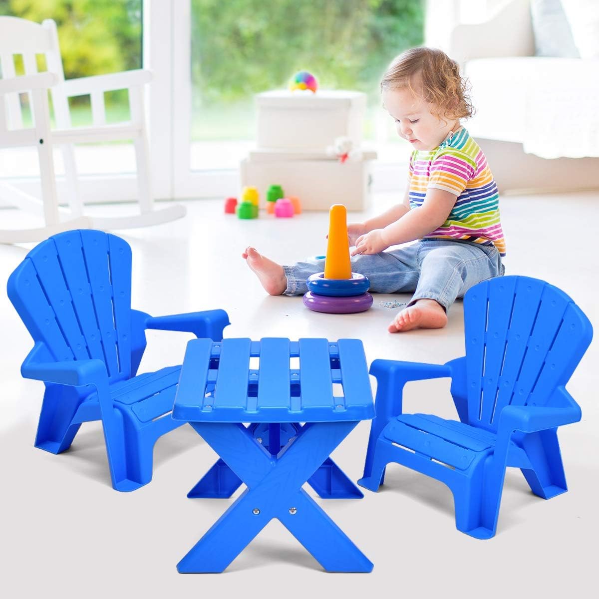 Reunion G Juego de mesa y 2 sillas de plástico duradero para niños, juego de mesa de manualidades para actividades de patio (azul)