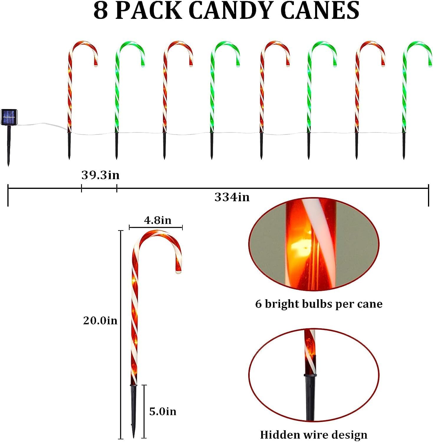 Decoraciones navideñas para exteriores, paquete de 8 luces solares de bastón de caramelo, luces solares de 21 pulgadas para patio, patio y porche