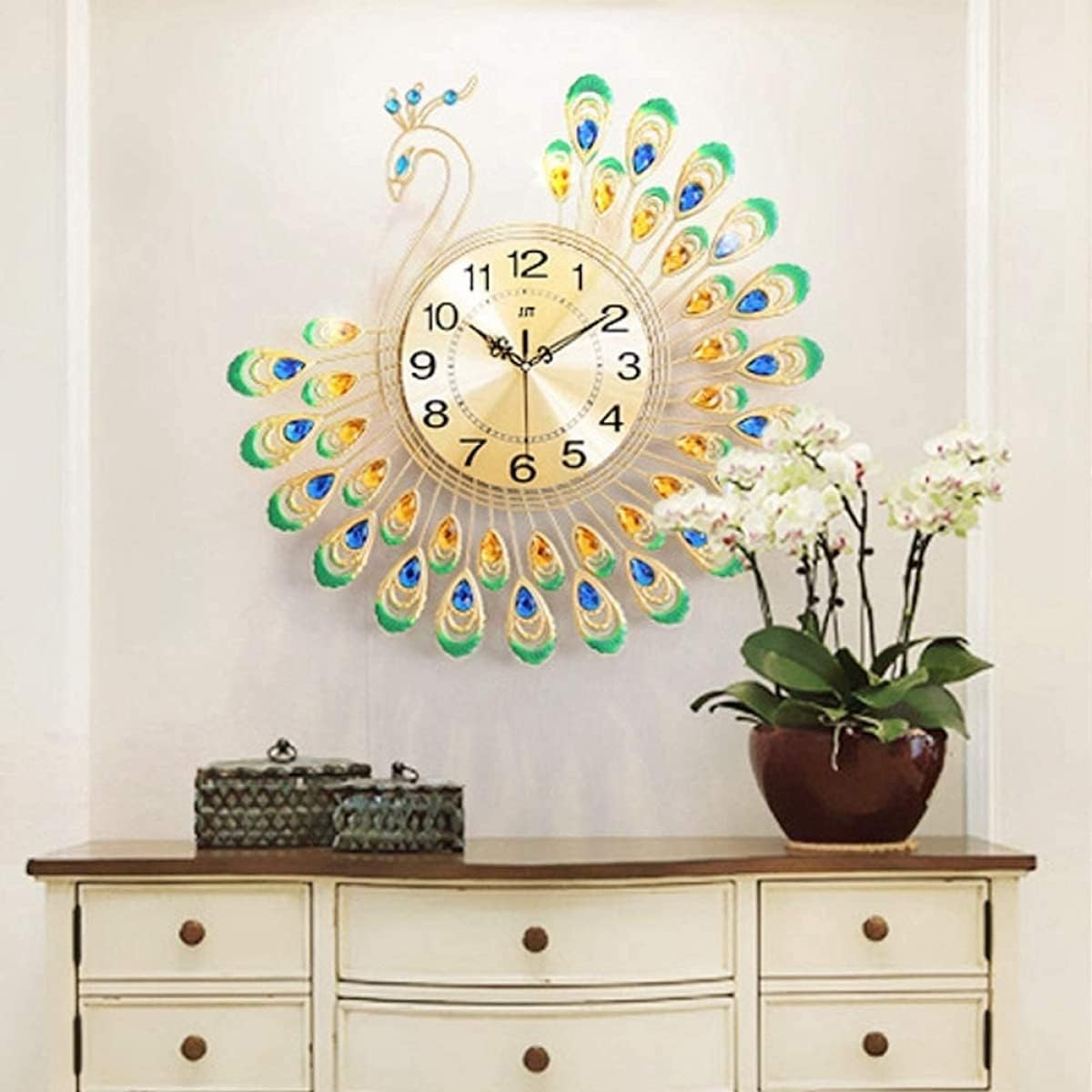 VIXPET Reloj de pared de pavo real, reloj de pared de pavo real, cristal 3D, forma de pavo real, sin tictac, reloj silencioso para sala de estar,
