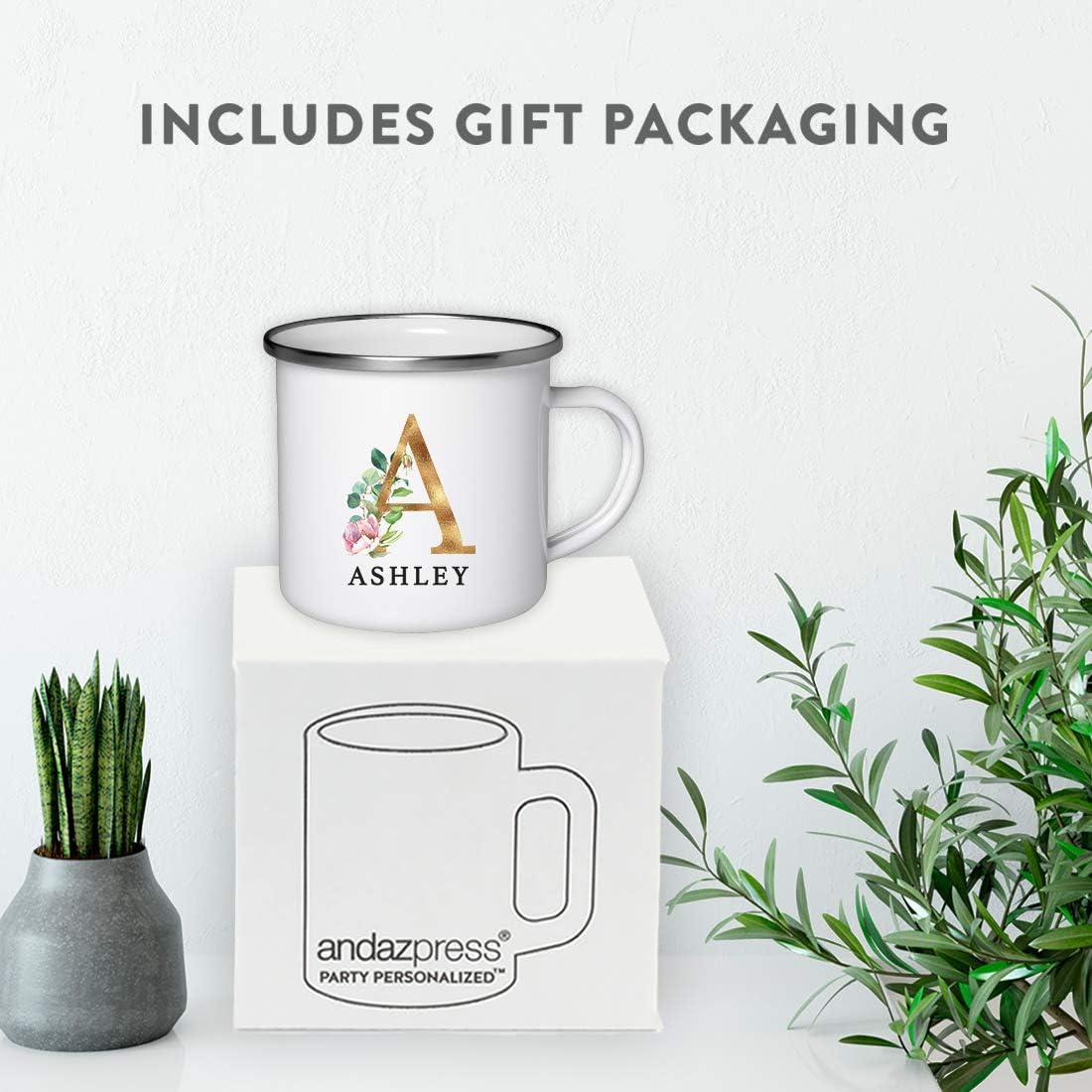 Andaz Press Taza de té personalizada de acero inoxidable de 11 onzas, regalo de taza de café con monograma de floración exuberante, nombre