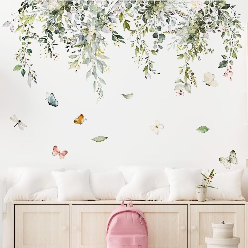AWAKINK Calcomanías de pared de plantas, hojas, murales, acuarela, flores, vinilo, removibles, mariposas, arte de pared, bricolaje, despegar y