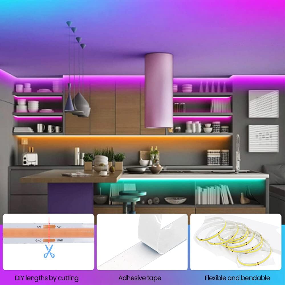 Wisada Tira de luz LED COB azul de 16.4 ft, DC 5 V 320 LEDsM de alto brillo para uso en interiores, IP21, no impermeable, flexible, para