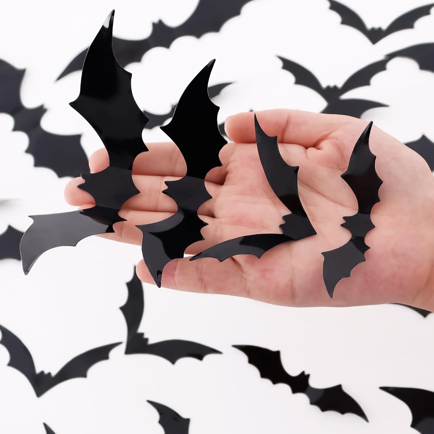 Decoración de murciélago de pared de Halloween, 120 calcomanías de murciélago de plástico falso negro para decoración de habitación de Halloween, 4