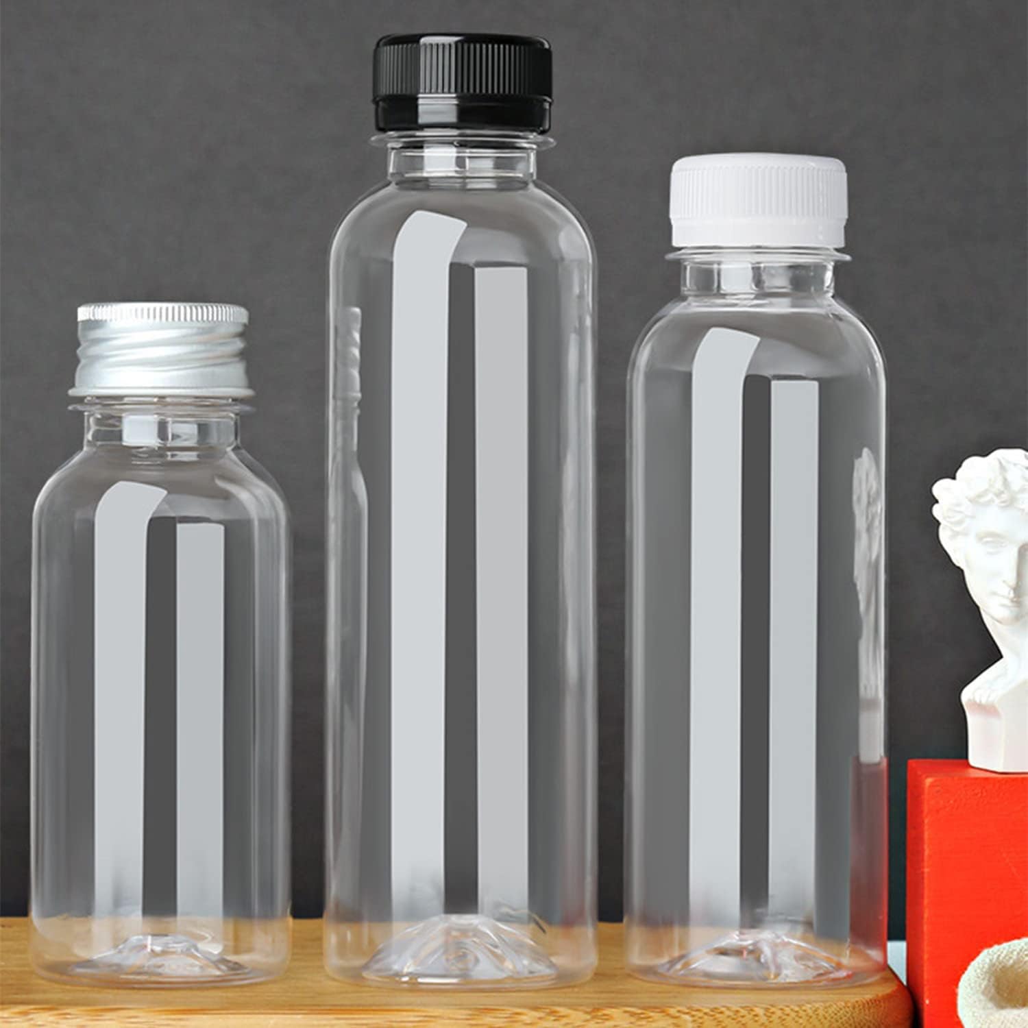 SHZMJL 4 botellas de jugo de plástico de 16 onzas con tapas, botellas de plástico desechables transparentes vacías a granel, botellas de jugo de